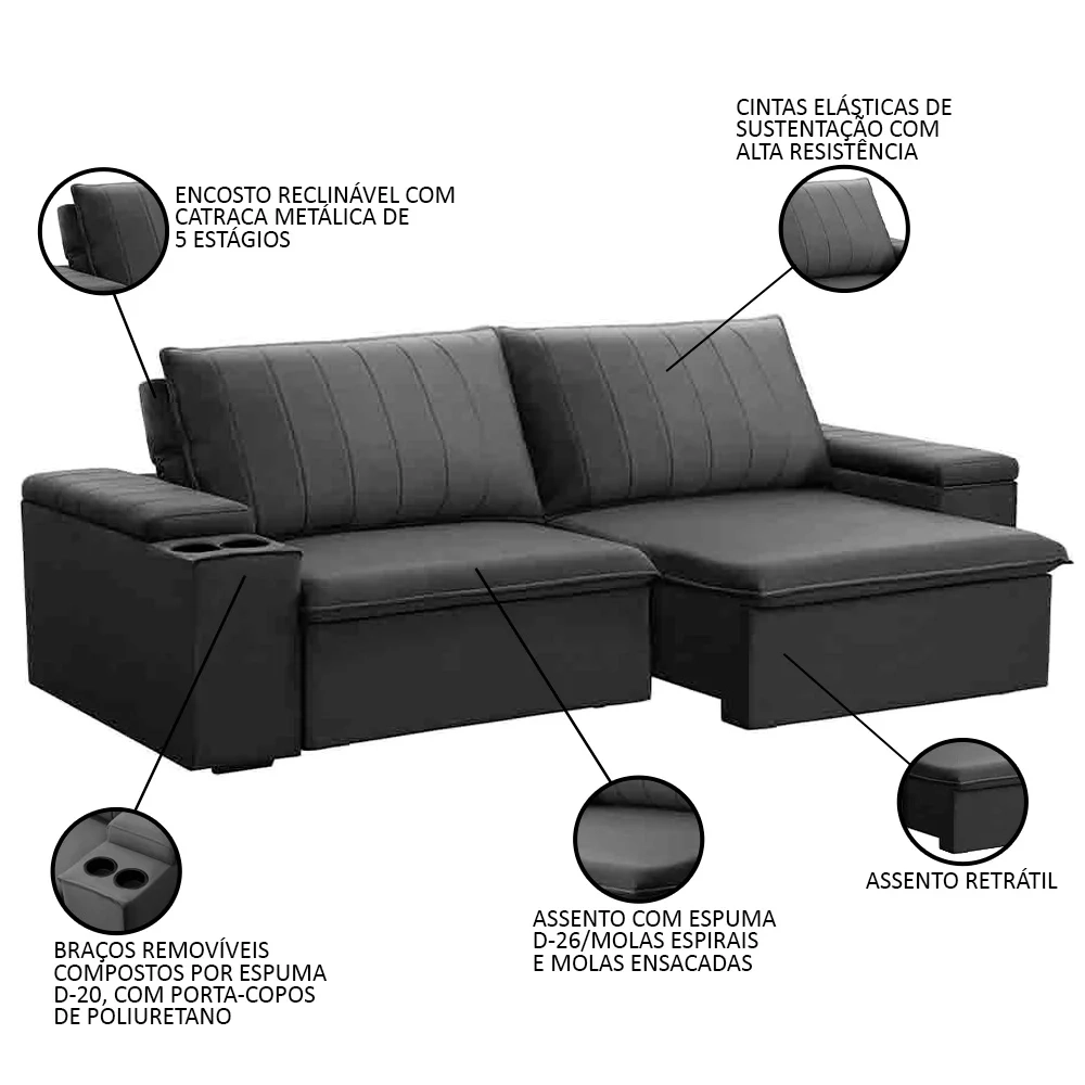 Sofá Retrátil Reclinável 3 Lugares 205cm Baluart F05 Veludo Grafite - Mpozenato