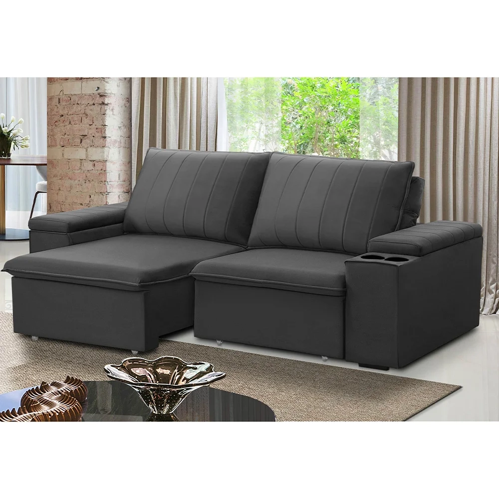 Sofá Retrátil Reclinável 3 Lugares 205cm Baluart F05 Veludo Grafite - Mpozenato