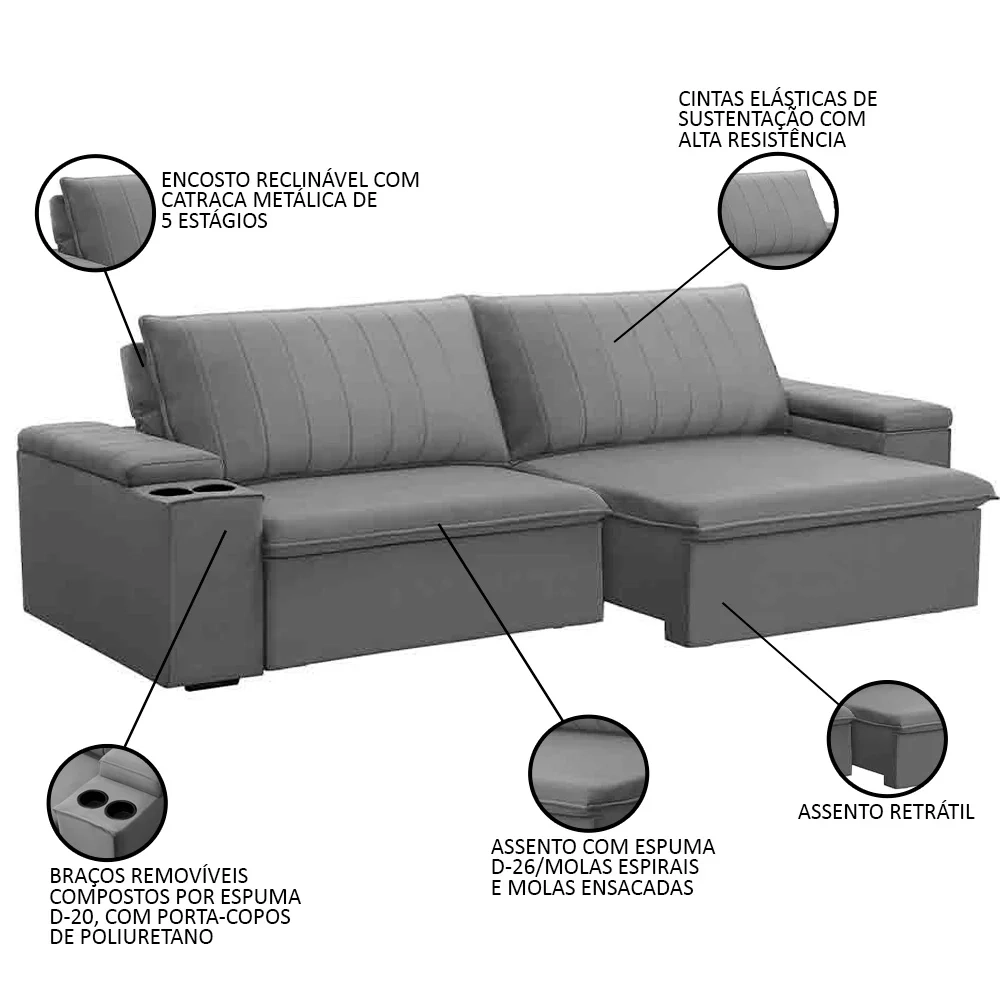 Sofá Retrátil Reclinável 3 Lugares 205cm Baluart F05 Veludo Prata - Mpozenato