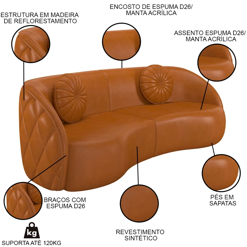 Sofá Decorativo com Almofadas 3 Lugares 288cm Tressê Zion Z32 Sintético Caramelo - Mpozenato