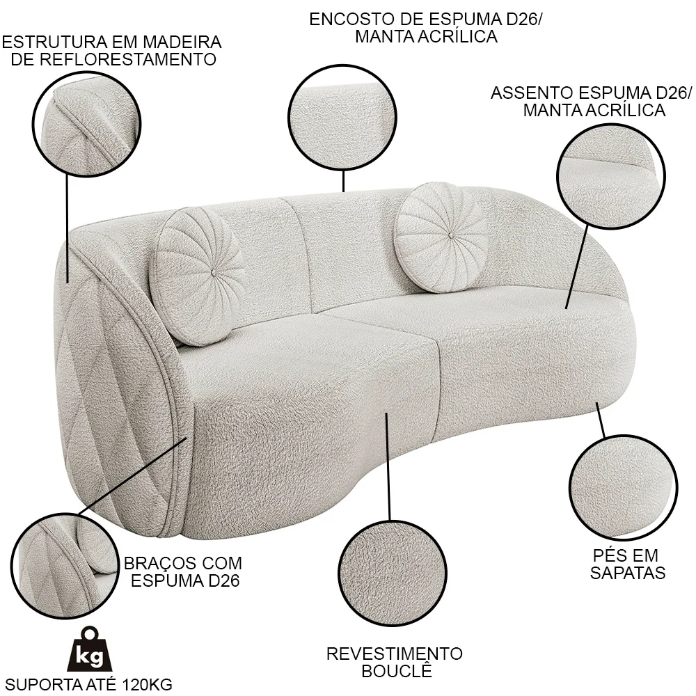 Sofá Decorativo com Almofadas 3 Lugares 240cm Tressê Zion Z32 Boucle Branco - Mpozenato