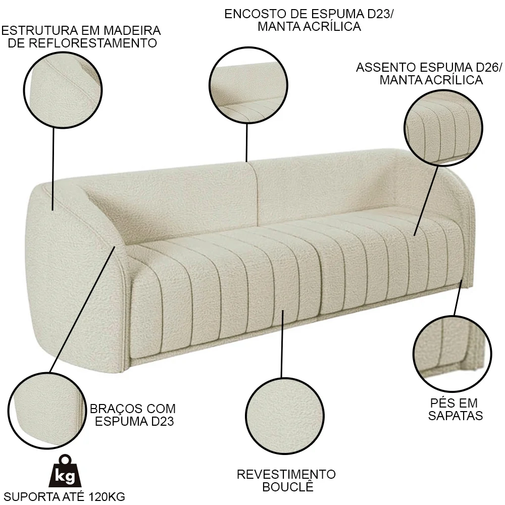 Sofá Decorativo 3 Lugares 252cm e Poltrona Meris Z32 Boucle Cru - Mpozenato