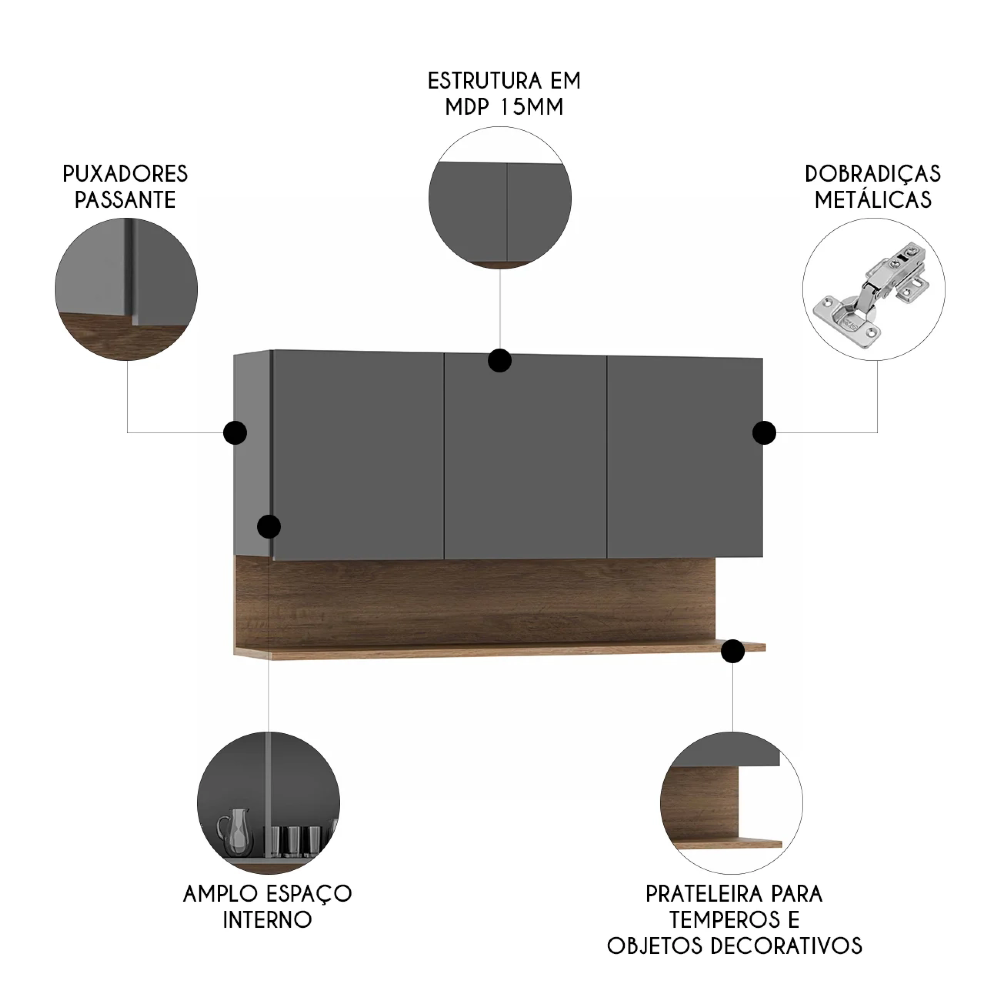 Armário de Cozinha Aéreo 118cm 3 Portas Duda Z34 Grafite/Freijó - Mpozenato