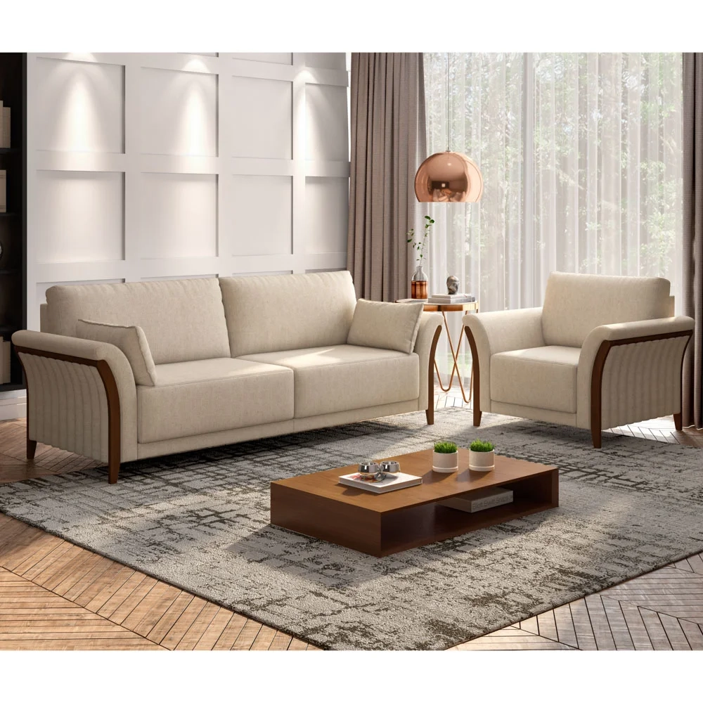 Kit Sofá Living 3 Lugares e Poltrona 102cm Pés Madeira Roya Z32 Linho Cru - Mpozenato