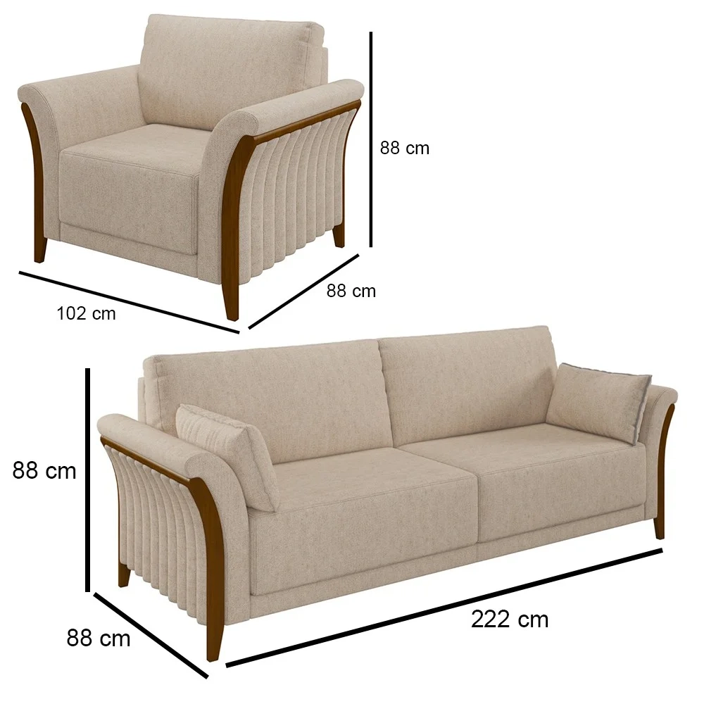 Kit Sofá Living 3 Lugares e Poltrona 102cm Pés Madeira Roya Z32 Linho Cru - Mpozenato