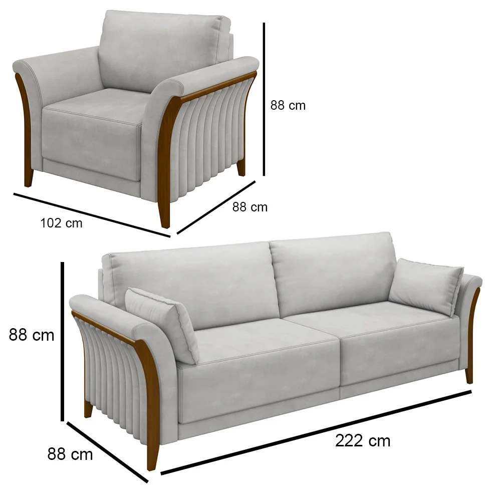 Kit Sofá Living 3 Lugares e Poltrona 102cm Pés Madeira Roya Z32 Veludo Cinza - Mpozenato