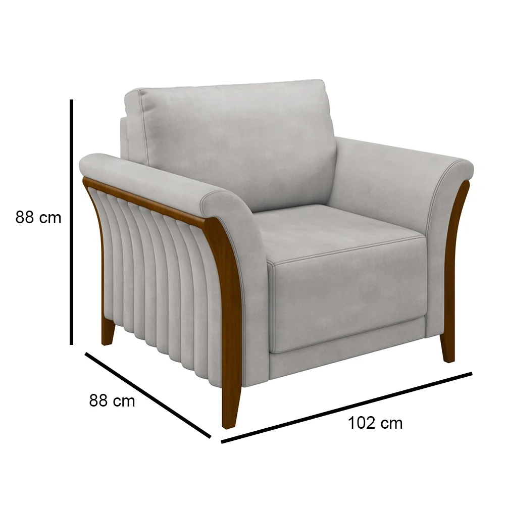 Kit Sofá Living 3 Lugares e Poltrona 102cm Pés Madeira Roya Z32 Veludo Cinza - Mpozenato