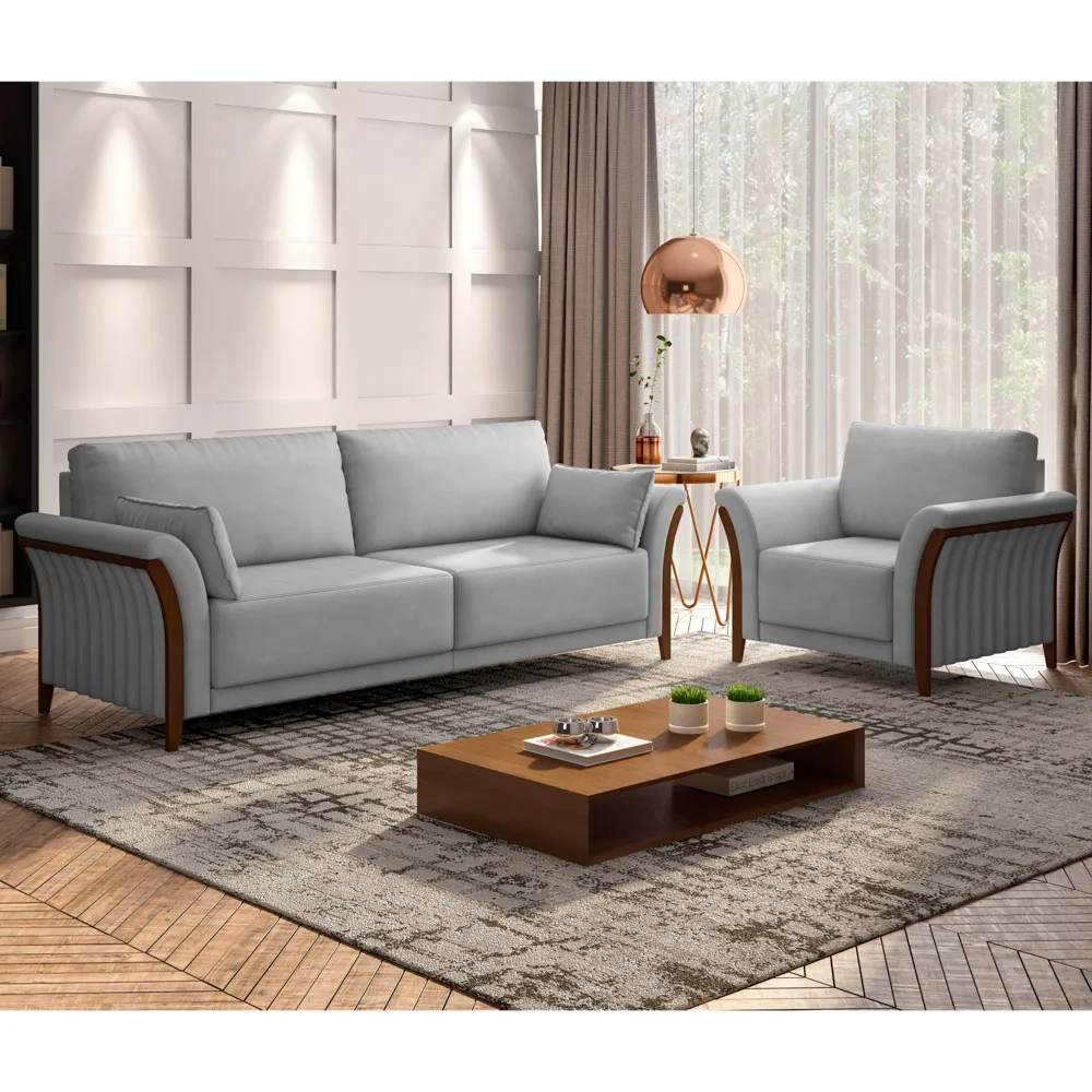 Kit Sofá Living 3 Lugares e Poltrona 102cm Pés Madeira Roya Z32 Veludo Cinza - Mpozenato