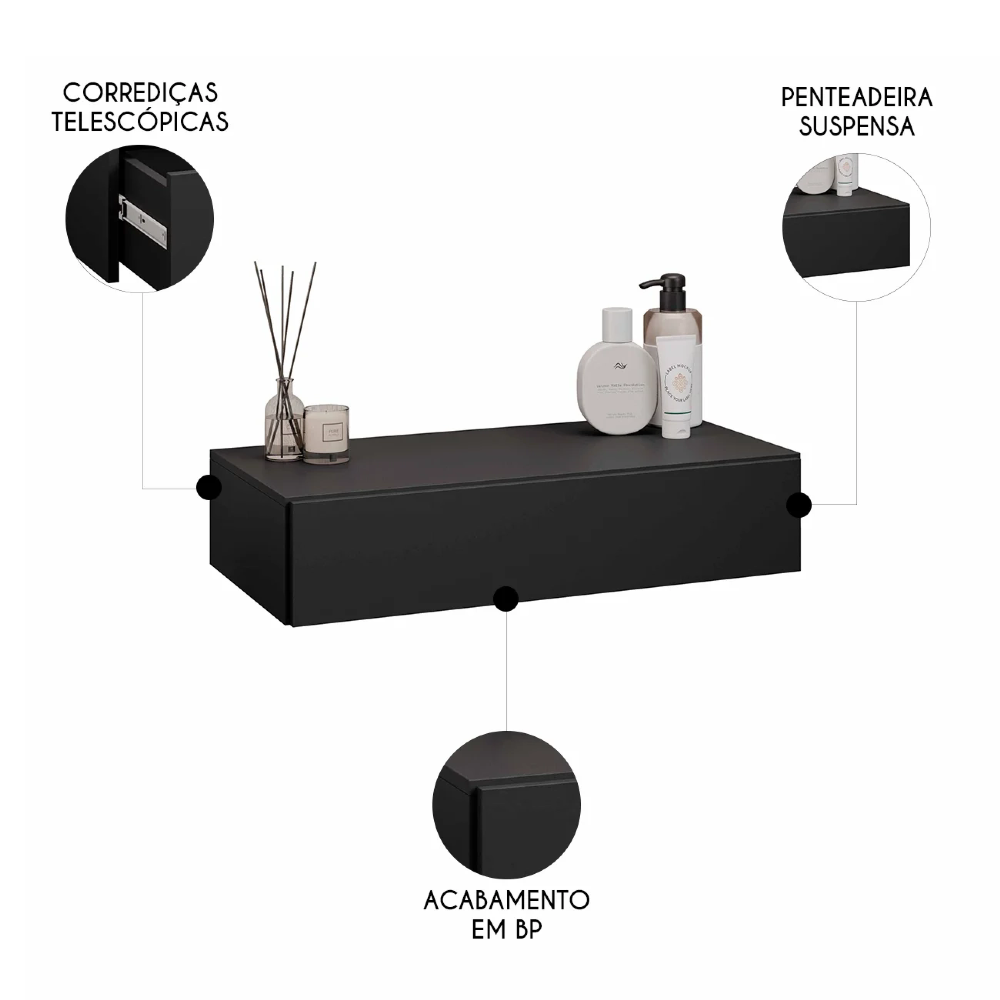 Penteadeira Suspensa 60cm 1 Gaveta Carina Z34 Preto         - Mpozenato