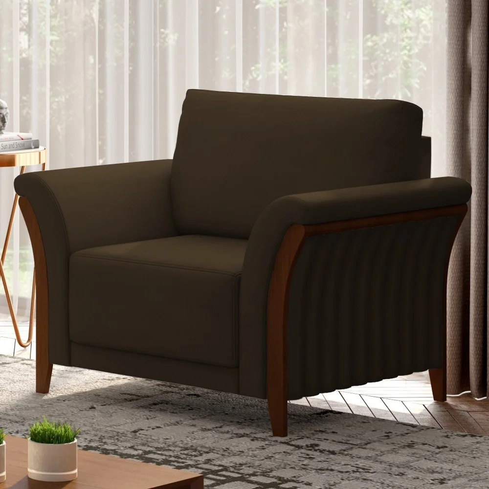 Kit Sofá Living 3 Lugares e Poltrona 102cm Pés Madeira Roya Z32 Veludo Marrom - Mpozenato