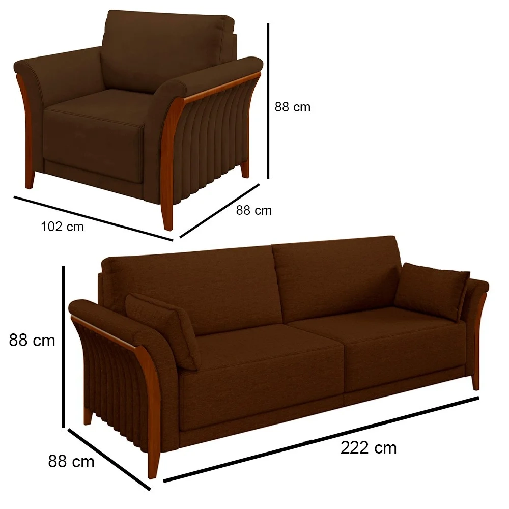 Kit Sofá Living 3 Lugares e Poltrona 102cm Pés Madeira Roya Z32 Veludo Marrom - Mpozenato
