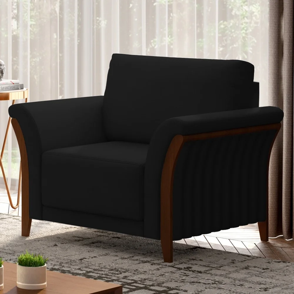 Kit Sofá Living 3 Lugares e Poltrona 102cm Pés Madeira Roya Z32 Veludo Preto - Mpozenato