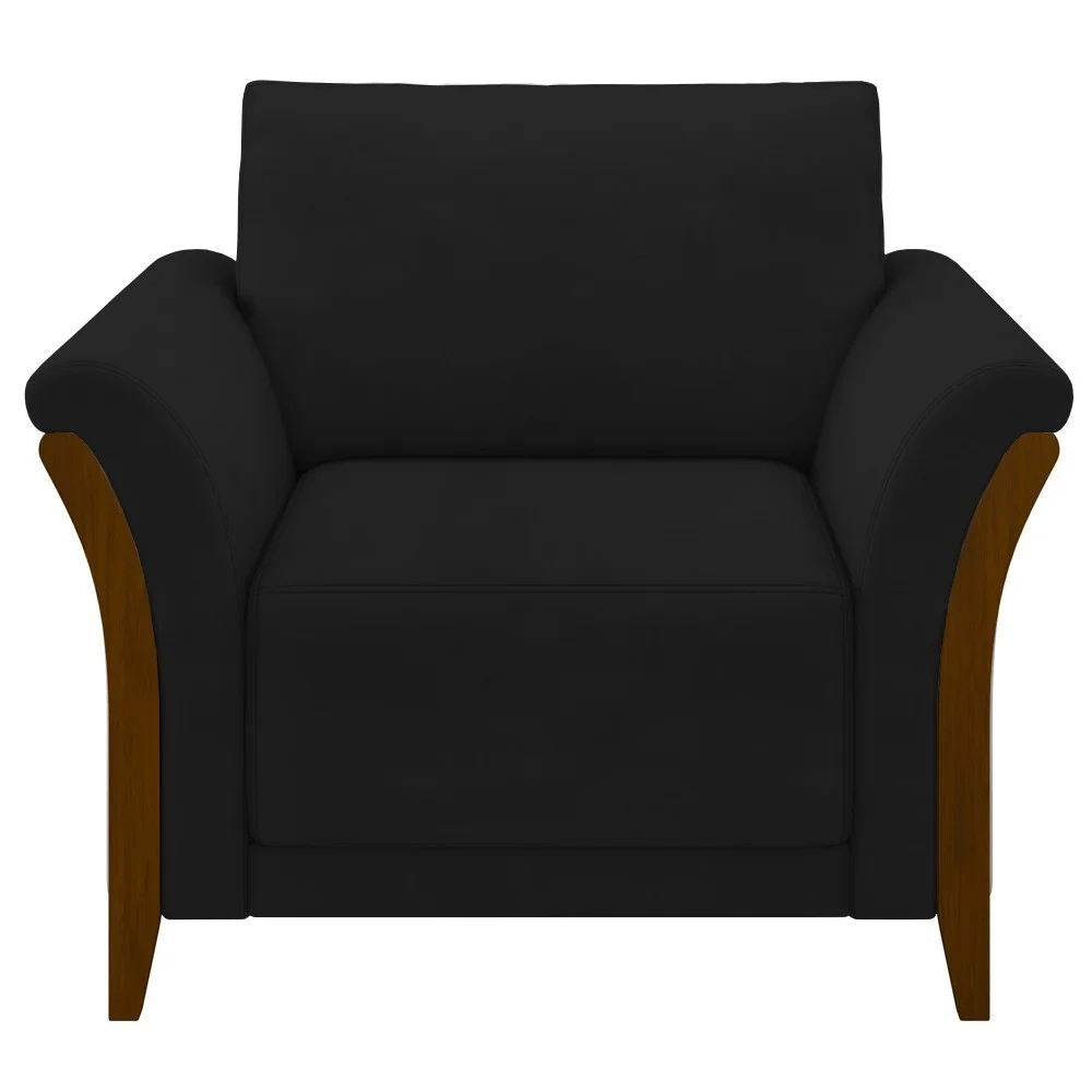 Kit Sofá Living 3 Lugares e Poltrona 102cm Pés Madeira Roya Z32 Veludo Preto - Mpozenato