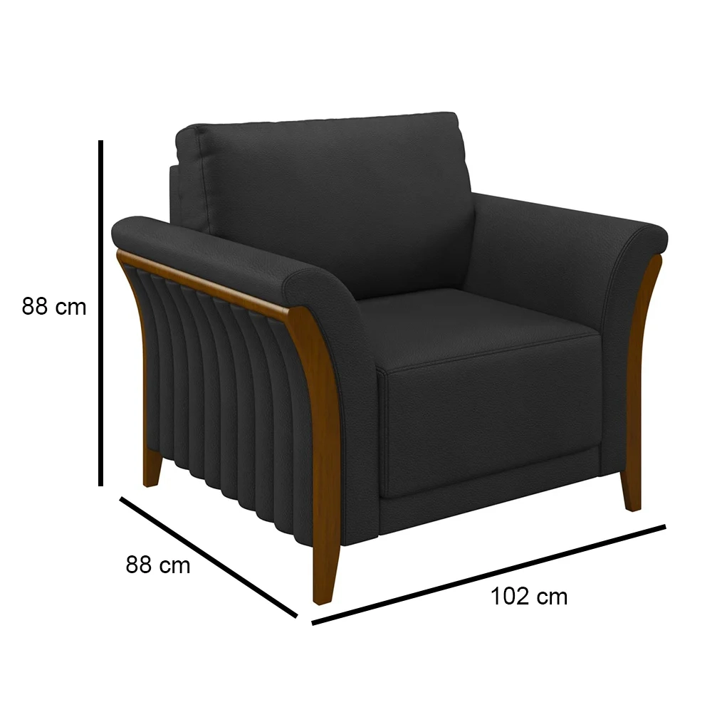 Kit Sofá Living 3 Lugares e Poltrona 102cm Pés Madeira Roya Z32 PU Preto - Mpozenato