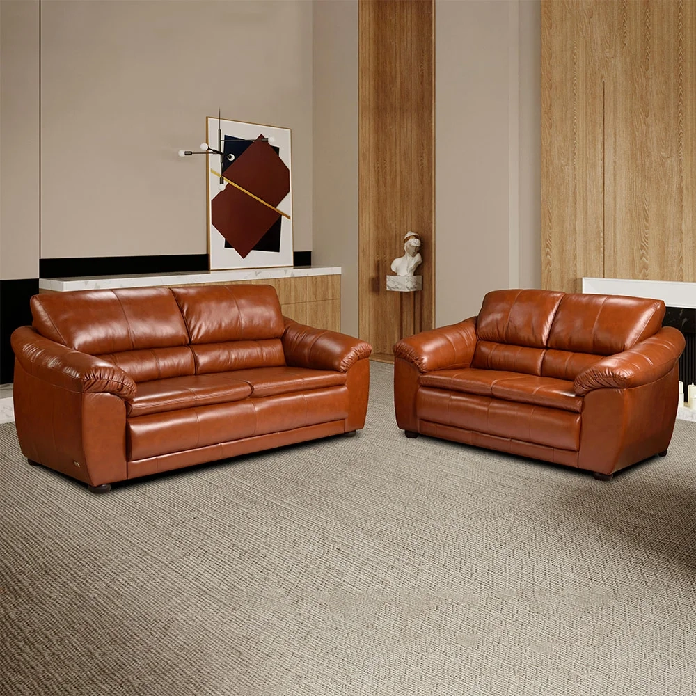 Sofá 2 e 3 Lugares Sala de Estar Veneza Couro Conhaque - Scala Decor
