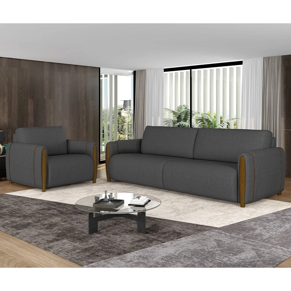 Conjunto Sofá 3 Lugares 223cm e Poltrona 98cm Amaranto Z32 Linho Cinza Escuro - Mpozenato