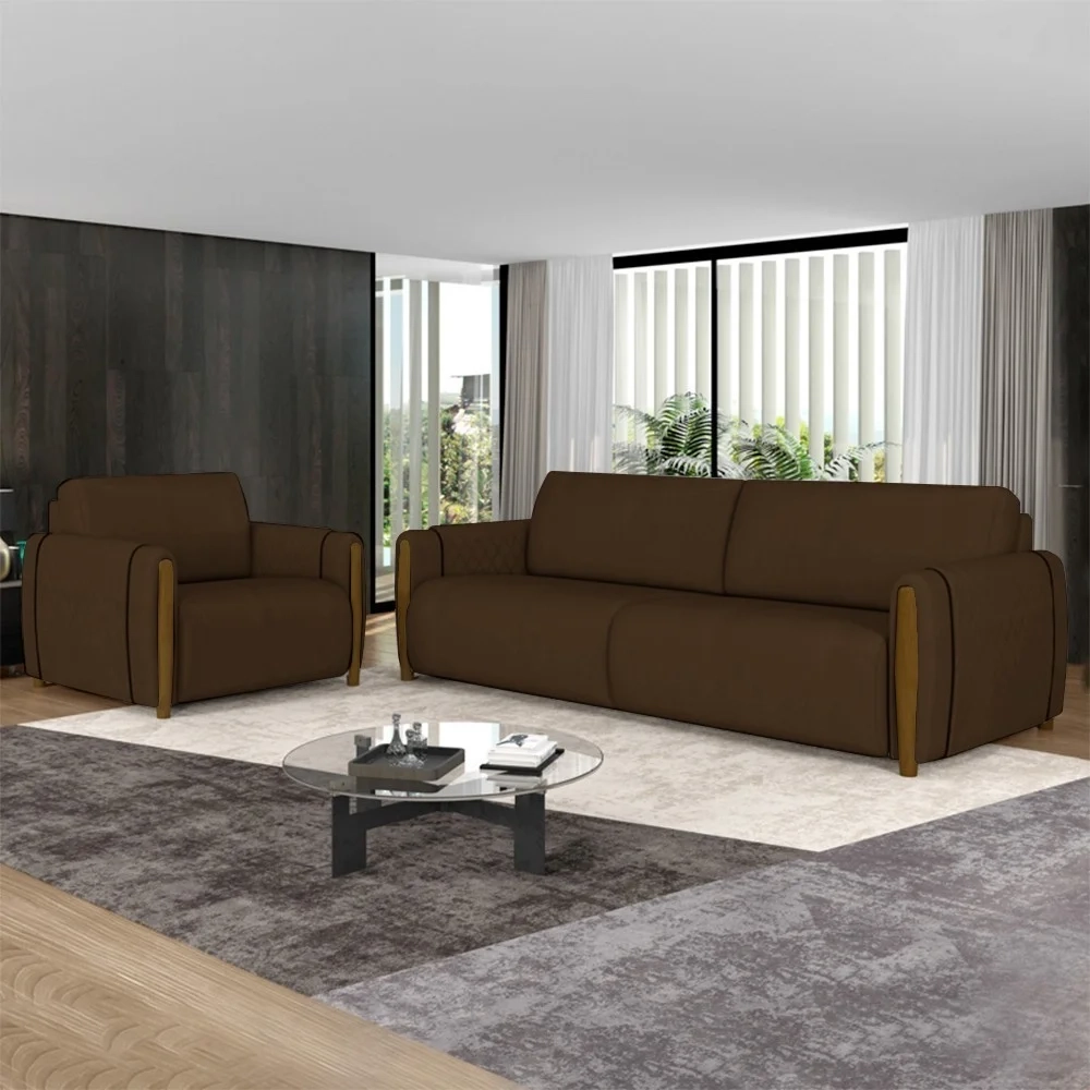 Conjunto Sofá 3 Lugares 223cm e Poltrona 98cm Amaranto Z32 Veludo Marrom - Mpozenato