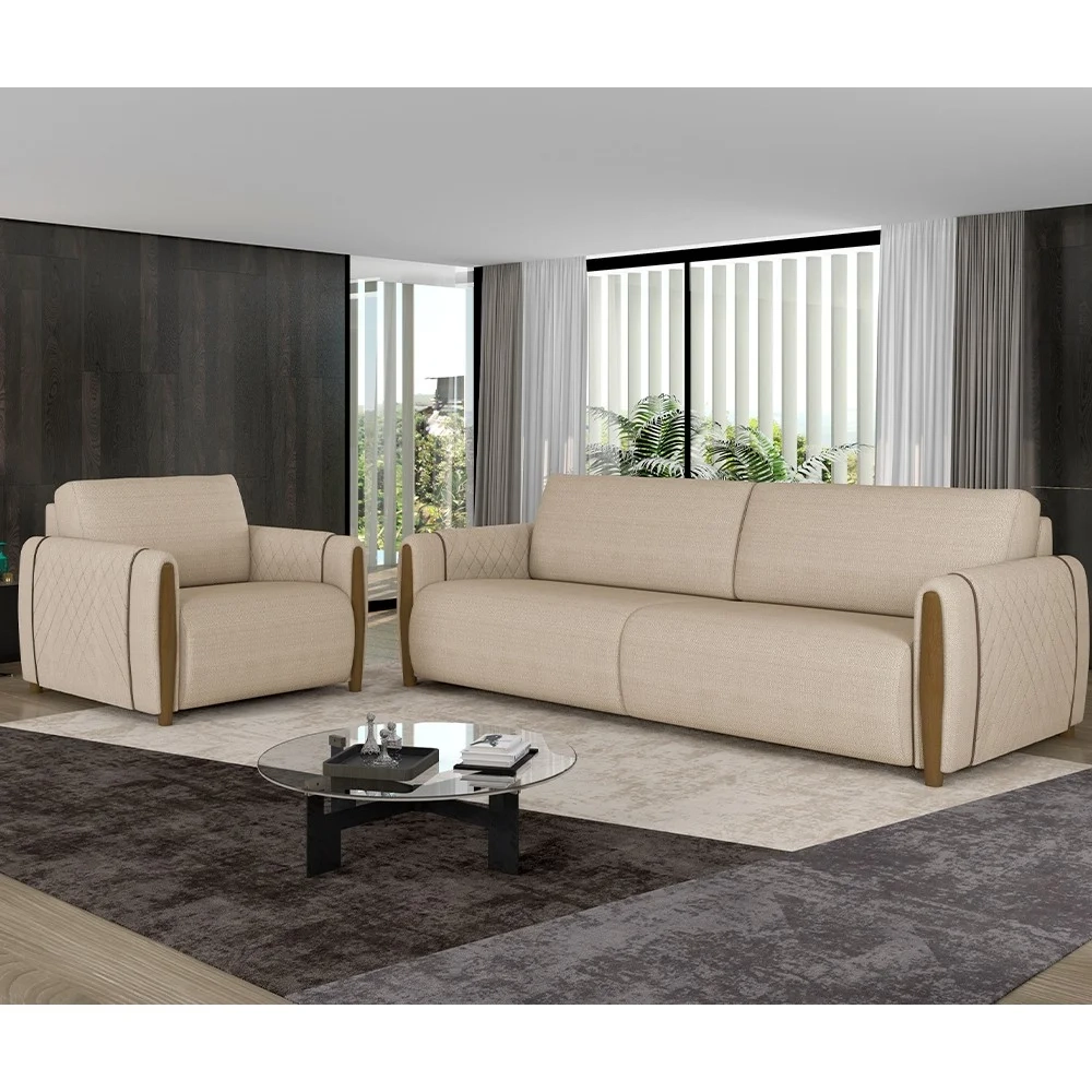 Conjunto Sofá 3 Lugares 223cm e Poltrona 98cm Amaranto Z32 Linho Champanhe - Mpozenato