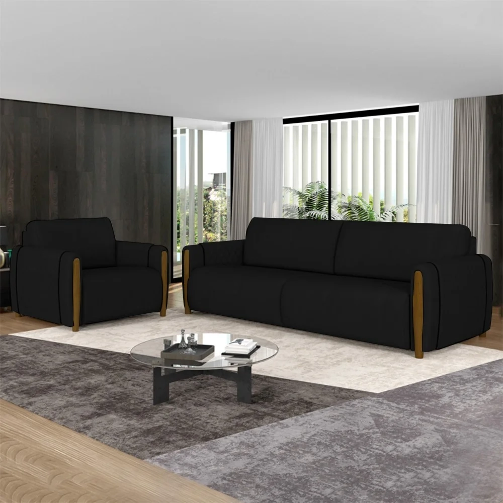 Conjunto Sofá 3 Lugares 223cm e Poltrona 98cm Amaranto Z32 Veludo Preto - Mpozenato