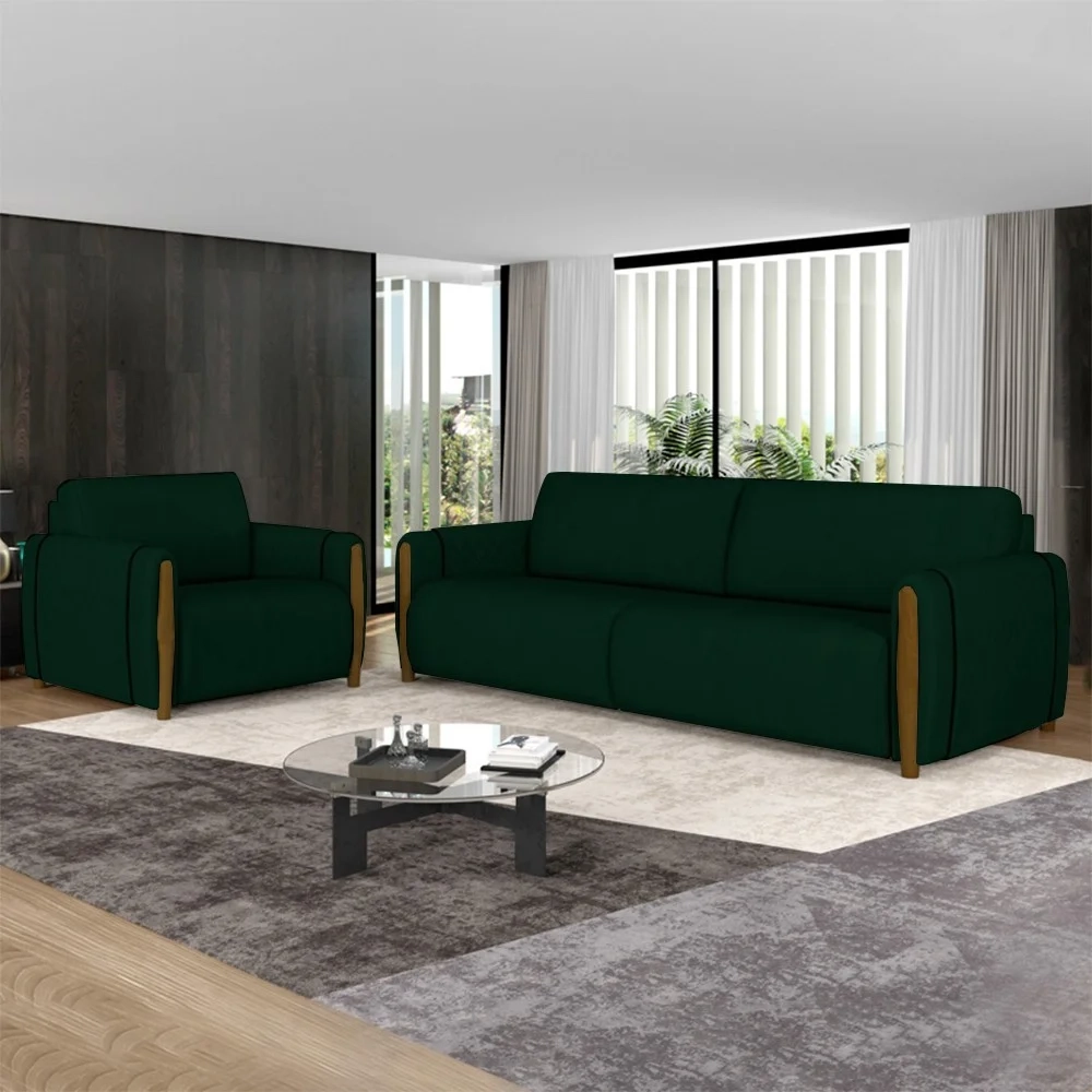 Conjunto Sofá 3 Lugares 223cm e Poltrona 98cm Amaranto Z32 Veludo Verde - Mpozenato