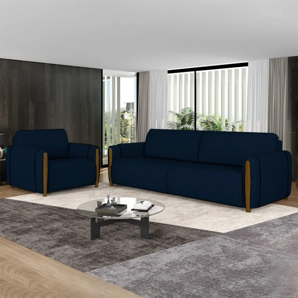 Conjunto Sofá 3 Lugares 223cm e Poltrona 98cm Amaranto Z32 Veludo Azul Marinho - Mpozenato