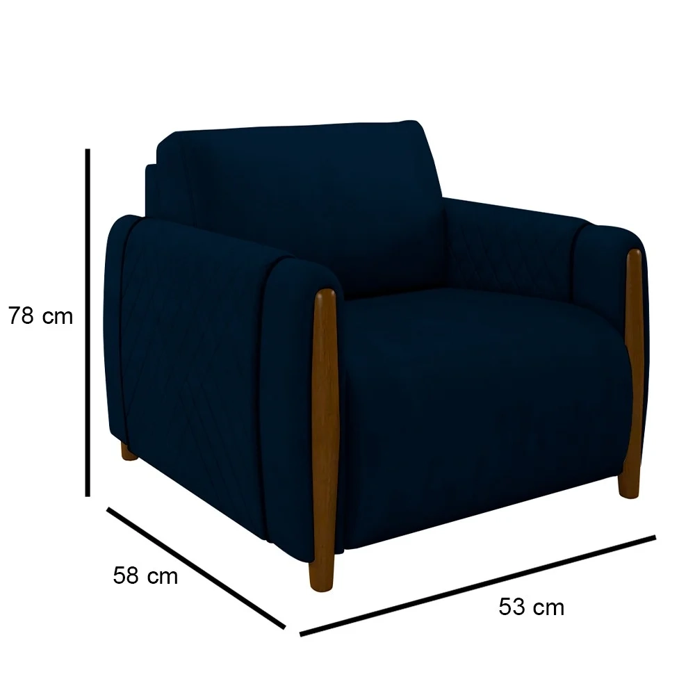 Conjunto Sofá 3 Lugares 223cm e Poltrona 98cm Amaranto Z32 Veludo Azul Marinho - Mpozenato