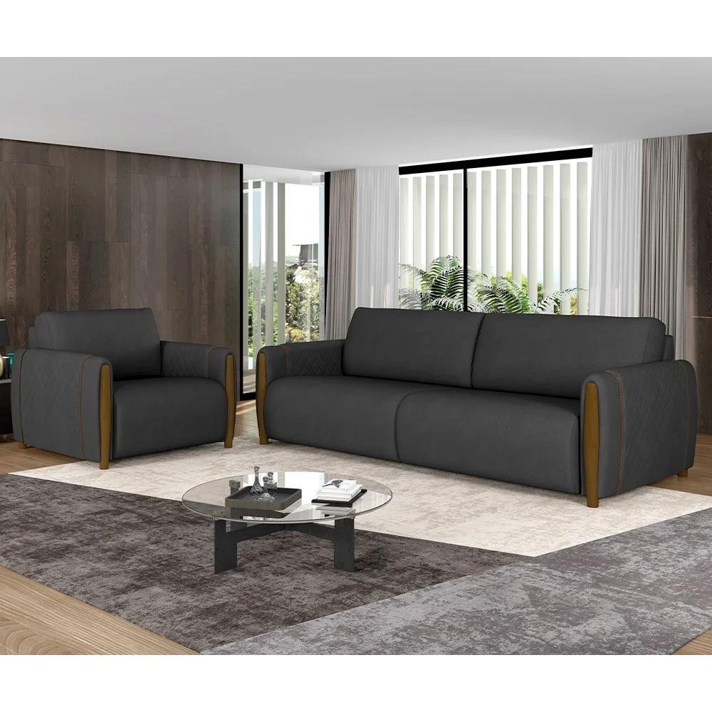 Conjunto Sofá 3 Lugares 223cm e Poltrona 98cm Amaranto Z32 PU Preto - Mpozenato