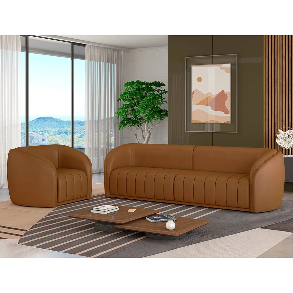 Sofá Decorativo 3 Lugares 252cm e Poltrona Meris Z32 Sintético Caramelo - Mpozenato