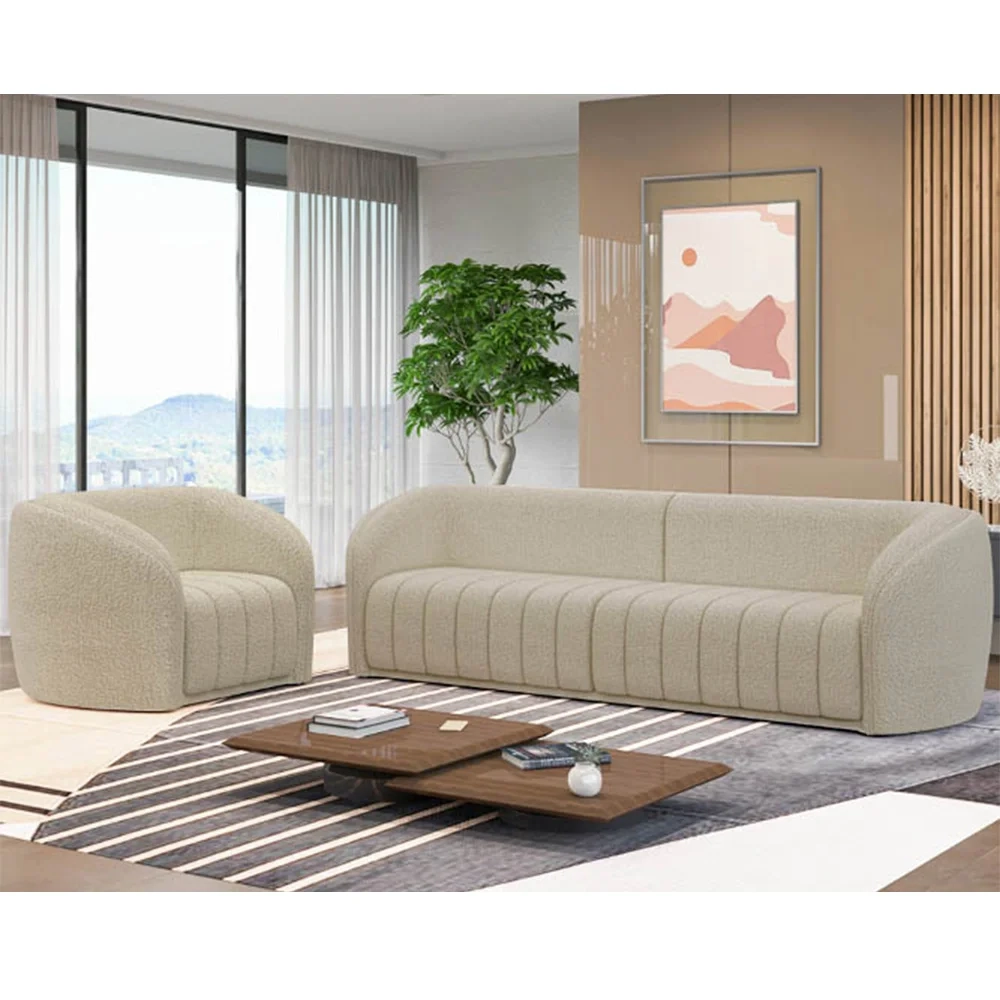 Sofá Decorativo 3 Lugares 292cm e Poltrona Meris Z32 Boucle Bege - Mpozenato