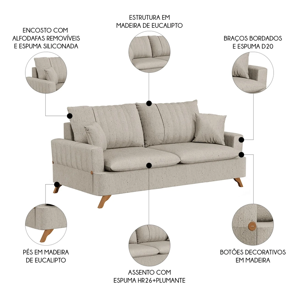 Sofá 160cm 2 Lugares com Almofadas Pés Curvos Veras Linho D05 Bege - Mpozenato
