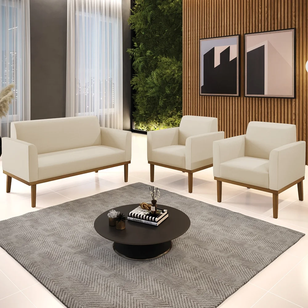 Sofá Namoradeira e 2 Poltronas Base Madeira Castanho Maressa Sintético Bege - Ibiza