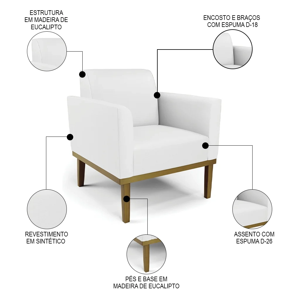 Sofá Namoradeira e 2 Poltronas Base Madeira Castanho Maressa Sintético Branco - Ibiza