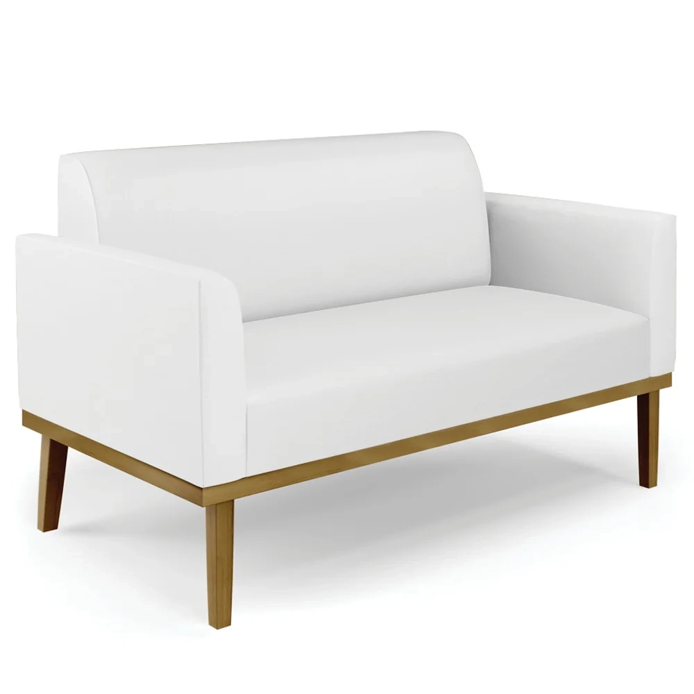 Sofá Namoradeira e 2 Poltronas Base Madeira Castanho Maressa Sintético Branco - Ibiza