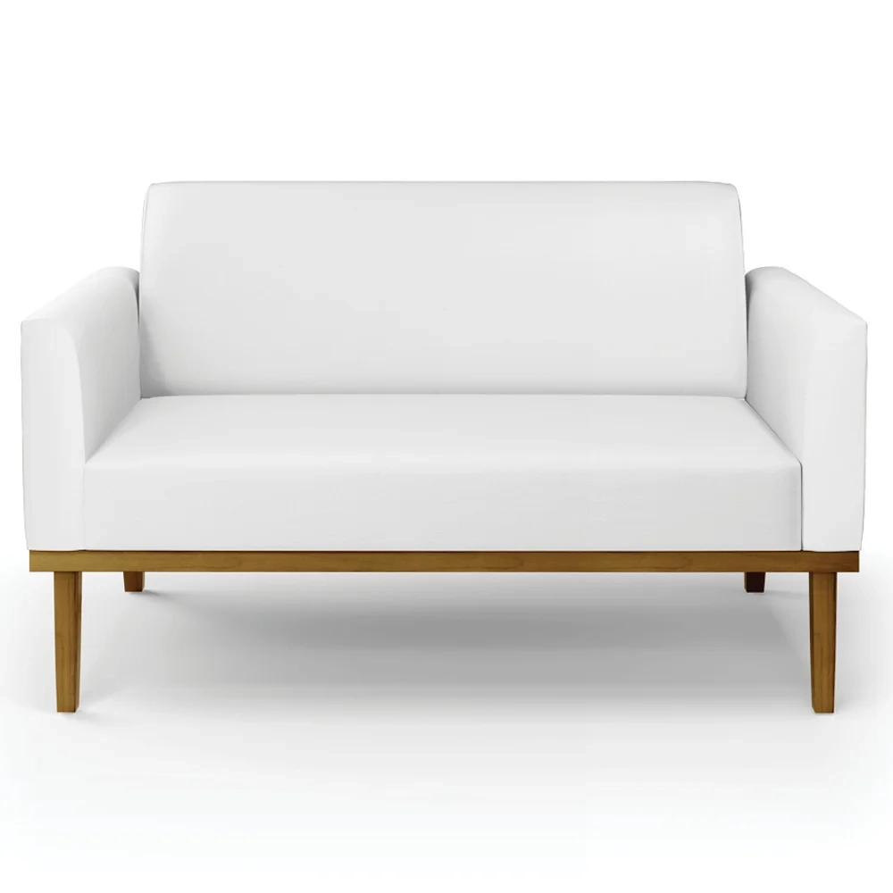 Sofá Namoradeira e 2 Poltronas Base Madeira Castanho Maressa Sintético Branco - Ibiza