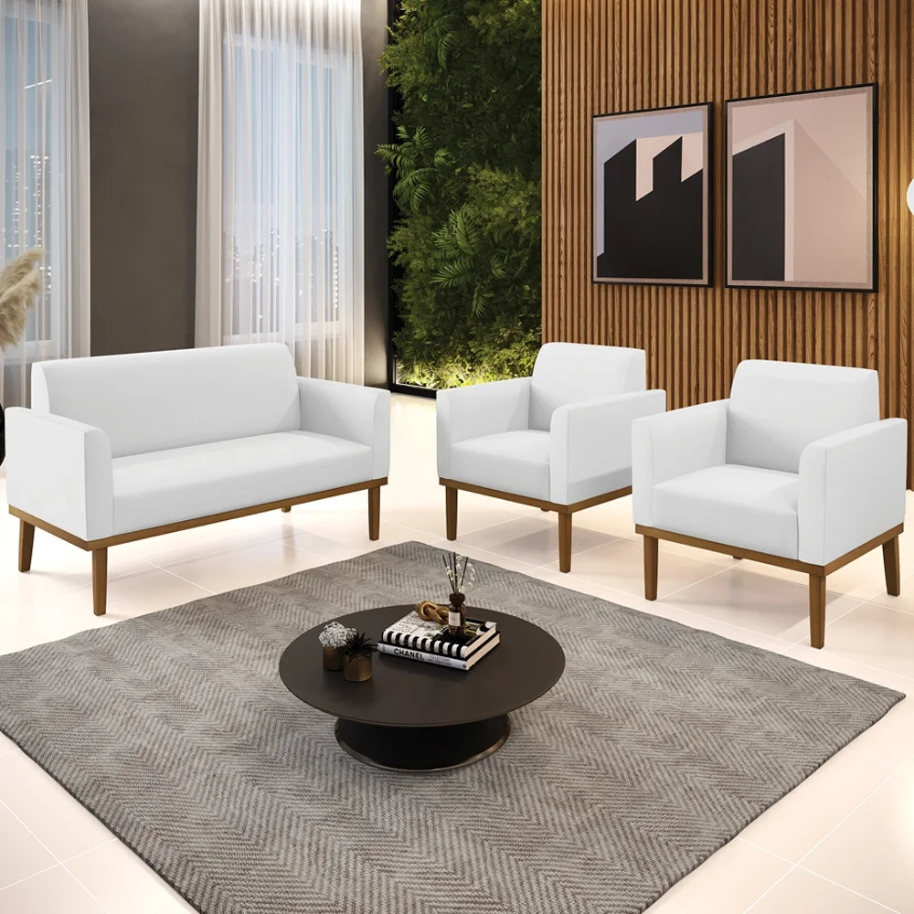 Sofá Namoradeira e 2 Poltronas Base Madeira Castanho Maressa Sintético Branco - Ibiza