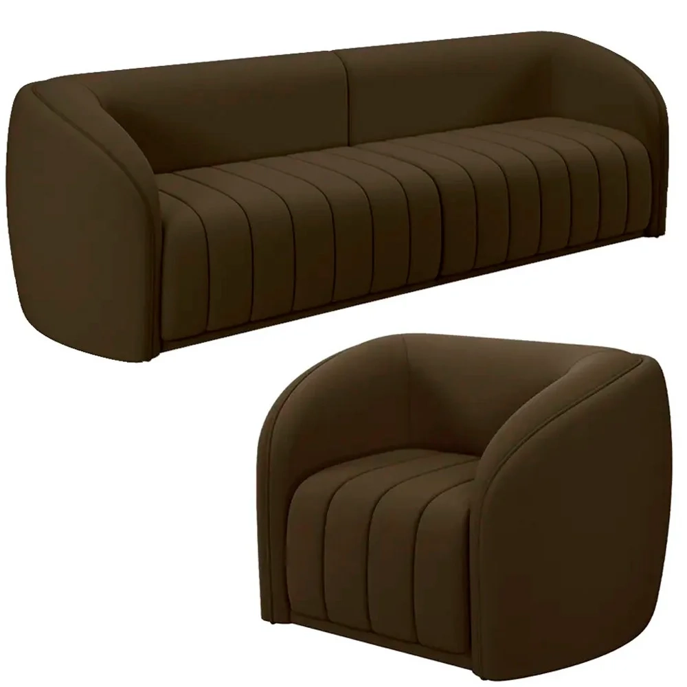 Sofá Decorativo 4 Lugares 332cm e Poltrona Meris Z32 Veludo Marrom - Mpozenato