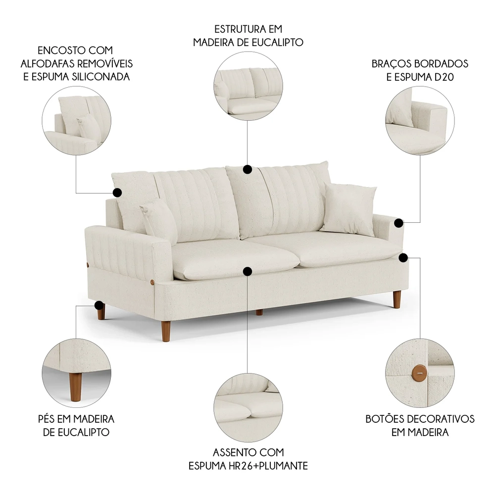 Sofá 200cm 3 Lugares com Almofadas Pés Curvos Veras Linho D05 Cru - Mpozenato
