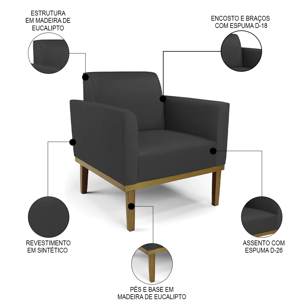 Sofá Namoradeira e 2 Poltronas Base Madeira Castanho Maressa Sintético Preto - Ibiza