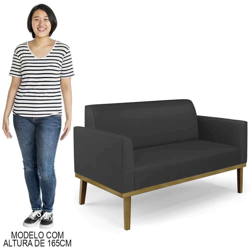 Sofá Namoradeira e 2 Poltronas Base Madeira Castanho Maressa Sintético Preto - Ibiza