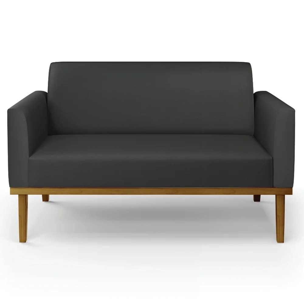 Sofá Namoradeira e 2 Poltronas Base Madeira Castanho Maressa Sintético Preto - Ibiza