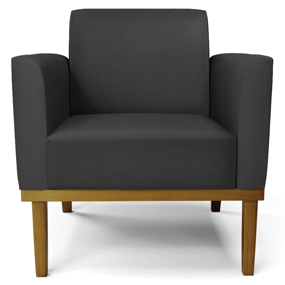 Sofá Namoradeira e 2 Poltronas Base Madeira Castanho Maressa Sintético Preto - Ibiza