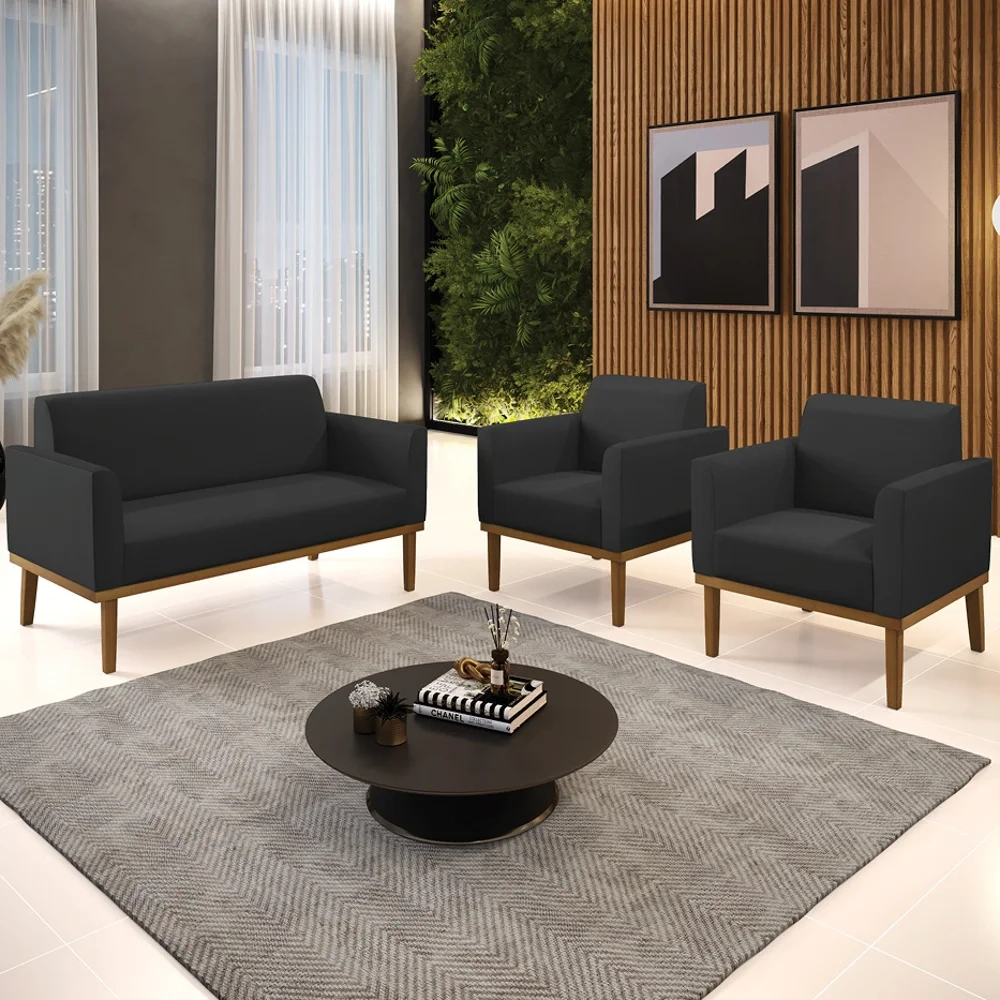 Sofá Namoradeira e 2 Poltronas Base Madeira Castanho Maressa Sintético Preto - Ibiza