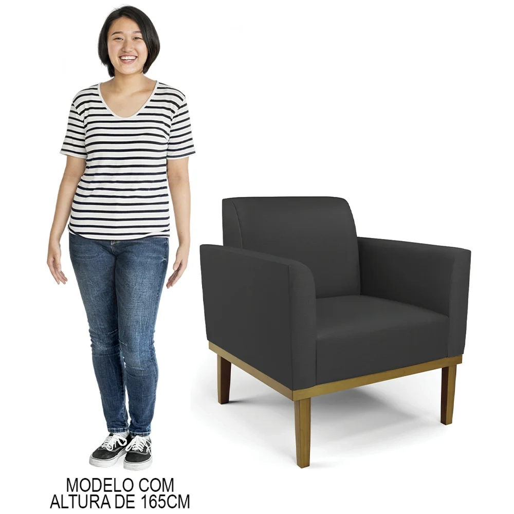 Sofá Namoradeira e 2 Poltronas Base Madeira Castanho Maressa Sintético Preto - Ibiza