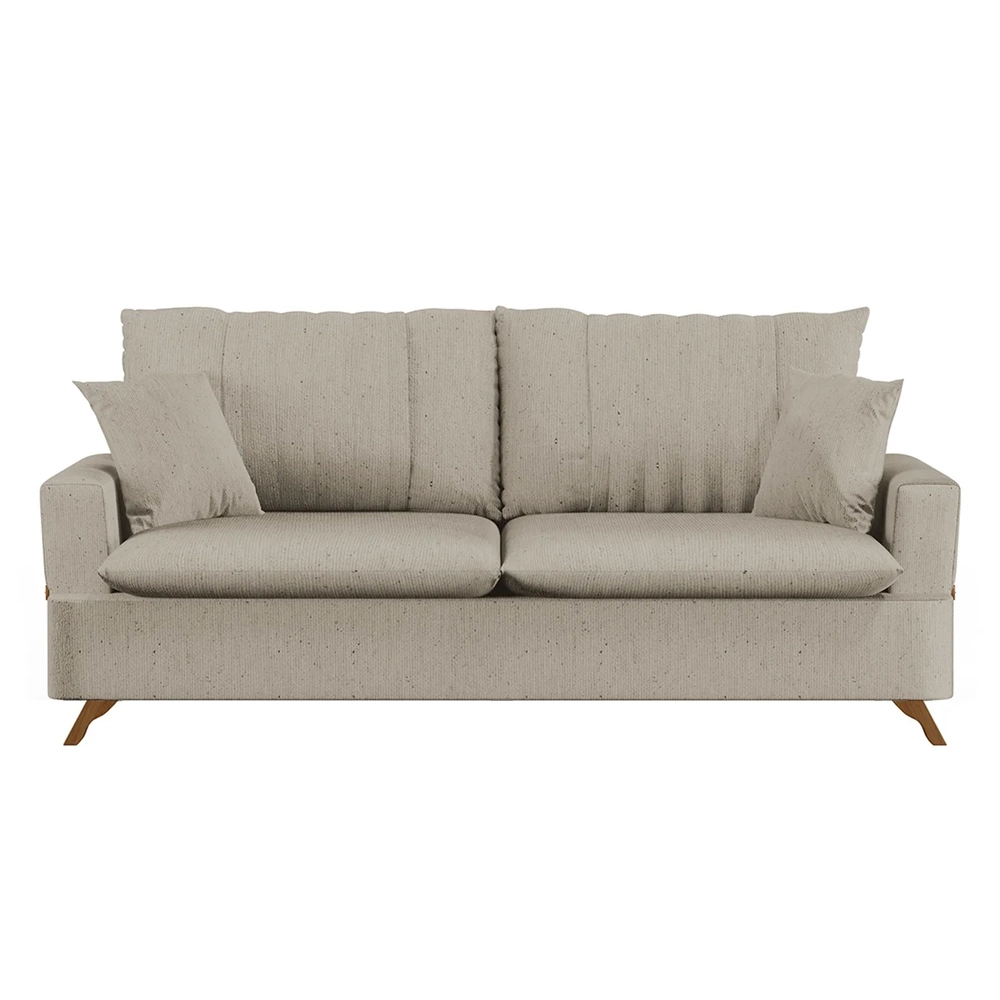 Sofá 200cm 3 Lugares com Almofadas Pés Curvos Veras Linho D05 Bege - Mpozenato