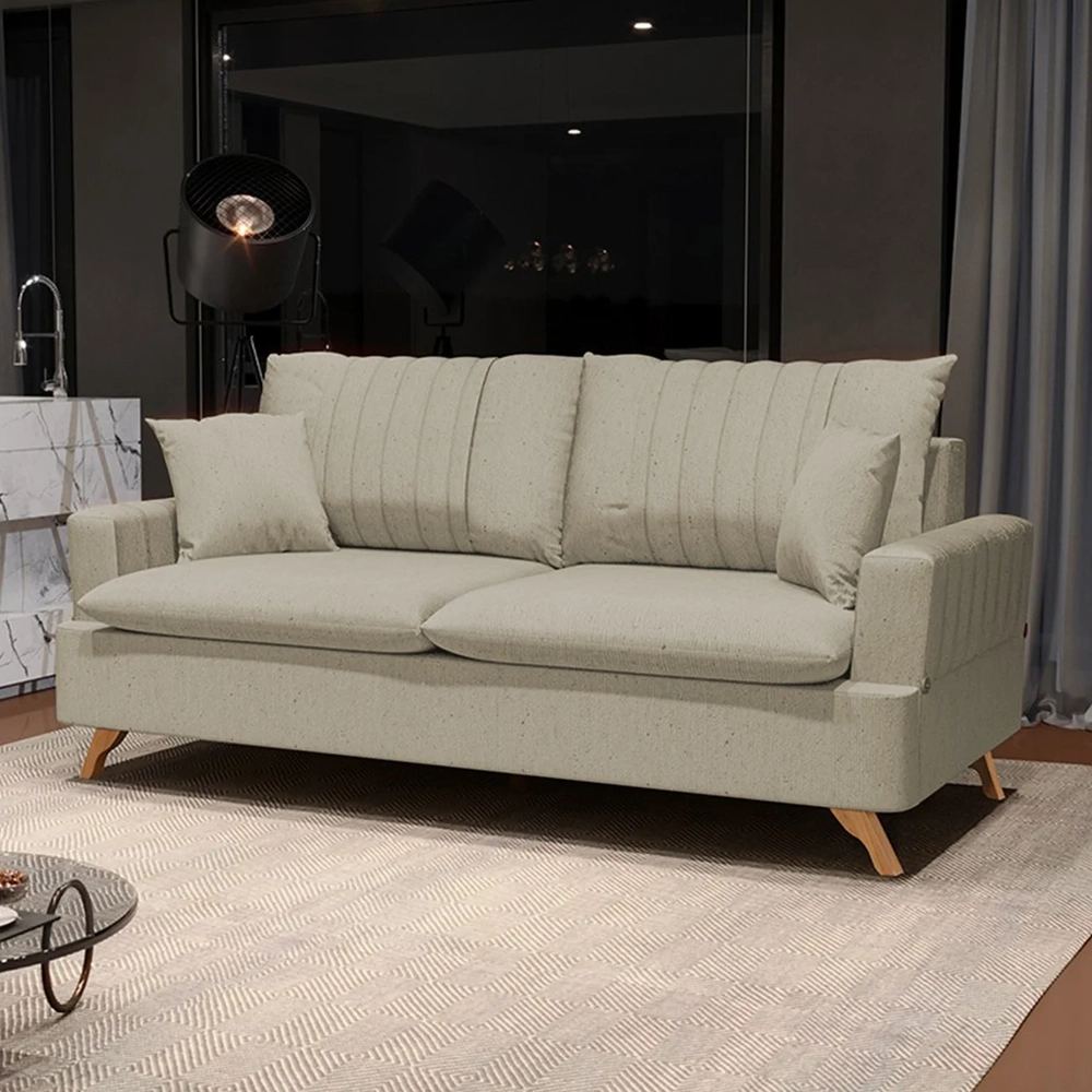 Sofá 200cm 3 Lugares com Almofadas Pés Curvos Veras Linho D05 Bege - Mpozenato