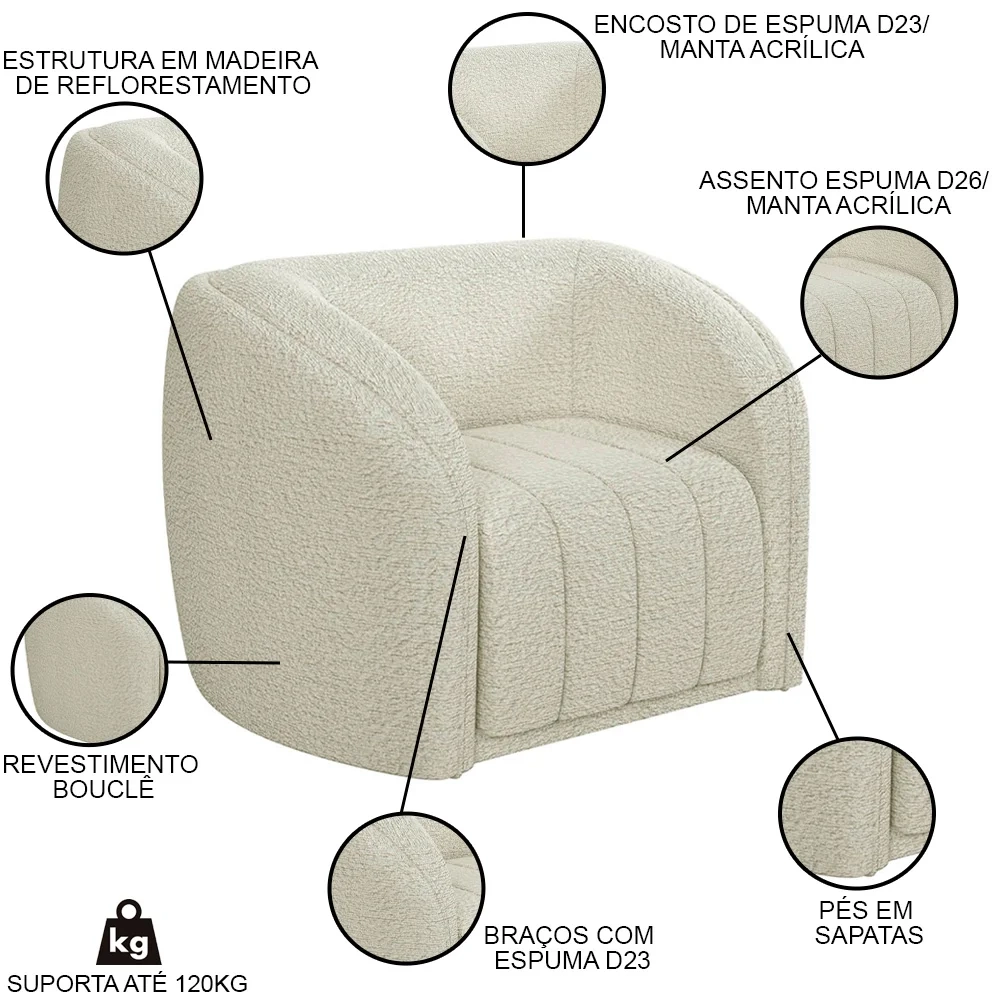 Sofá Decorativo 4 Lugares 332cm e Poltrona Meris Z32 Boucle Cru - Mpozenato