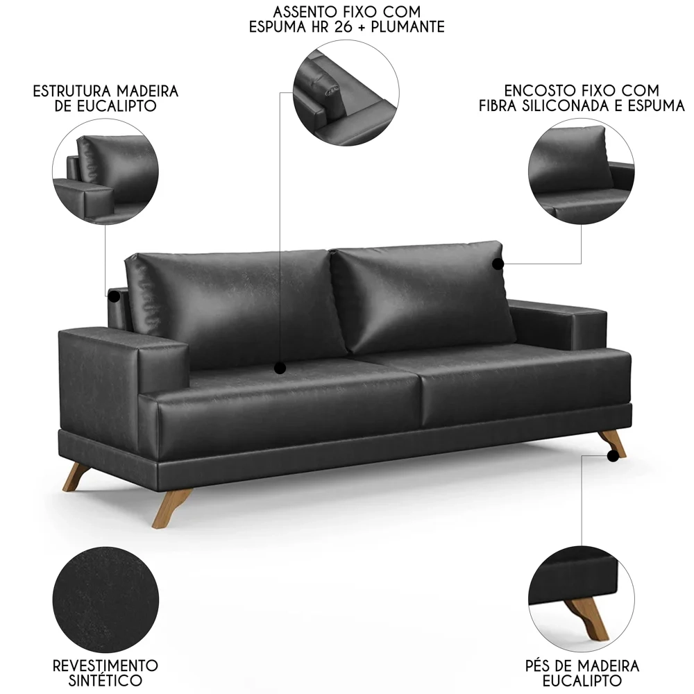 Sofá 2 Lugares 160cm Living Pés Curvos Santi D05 Sintético Preto - Mpozenato