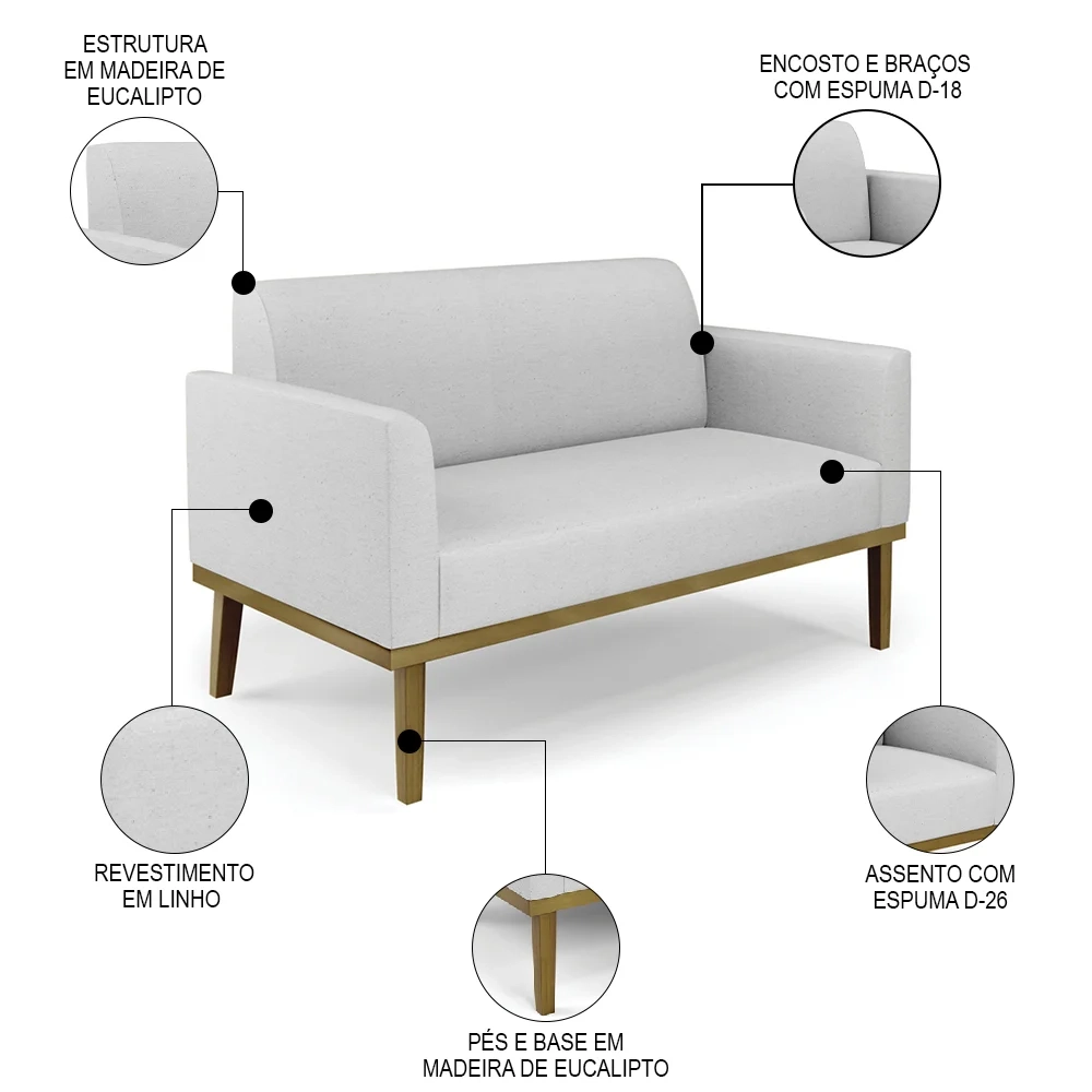 Sofá Namoradeira Base Madeira Castanho Maressa Linho Cinza - Ibiza