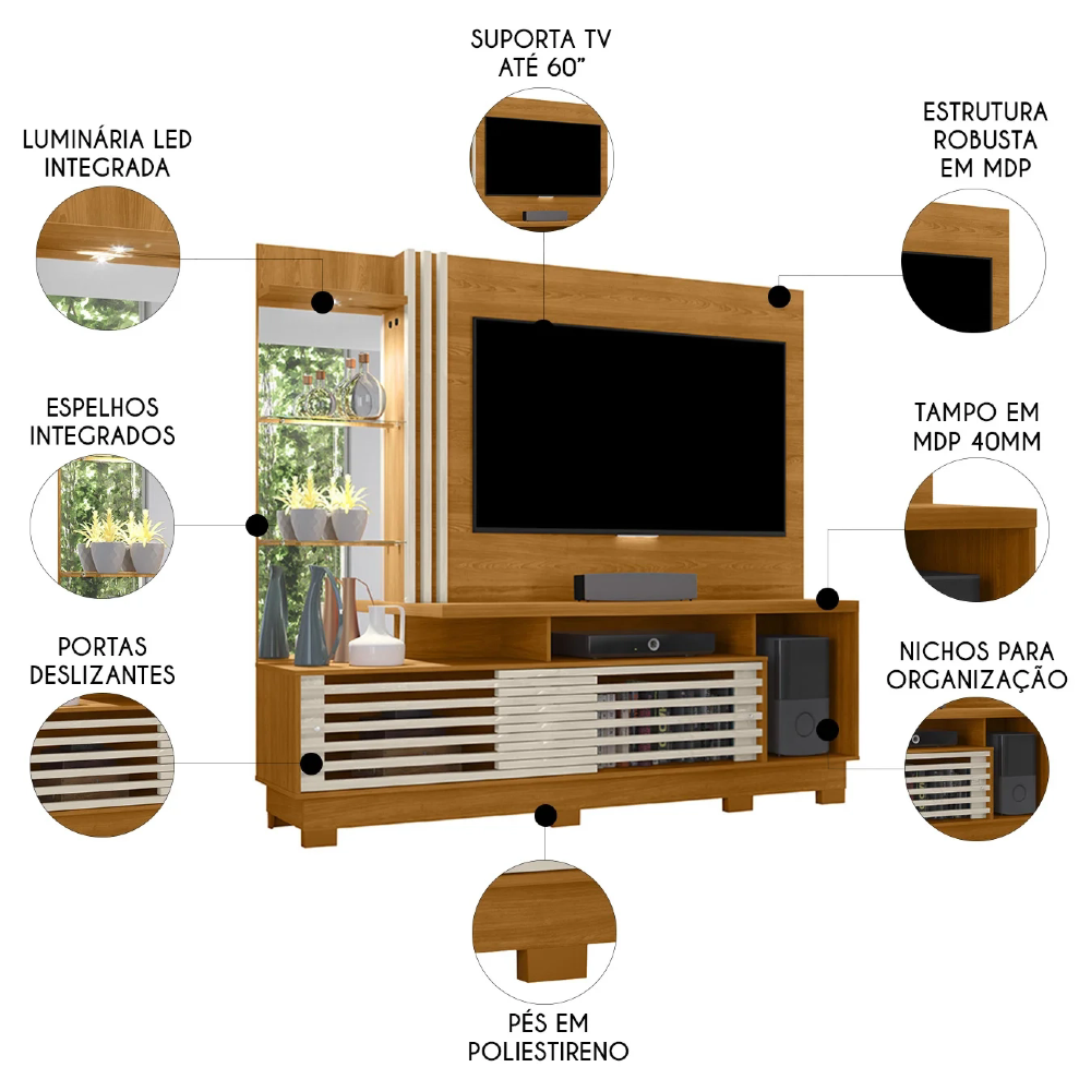 Estante Painel Para TV 60 Pol 200cm Sam Z10 Off/Cinamomo - Mpozenato