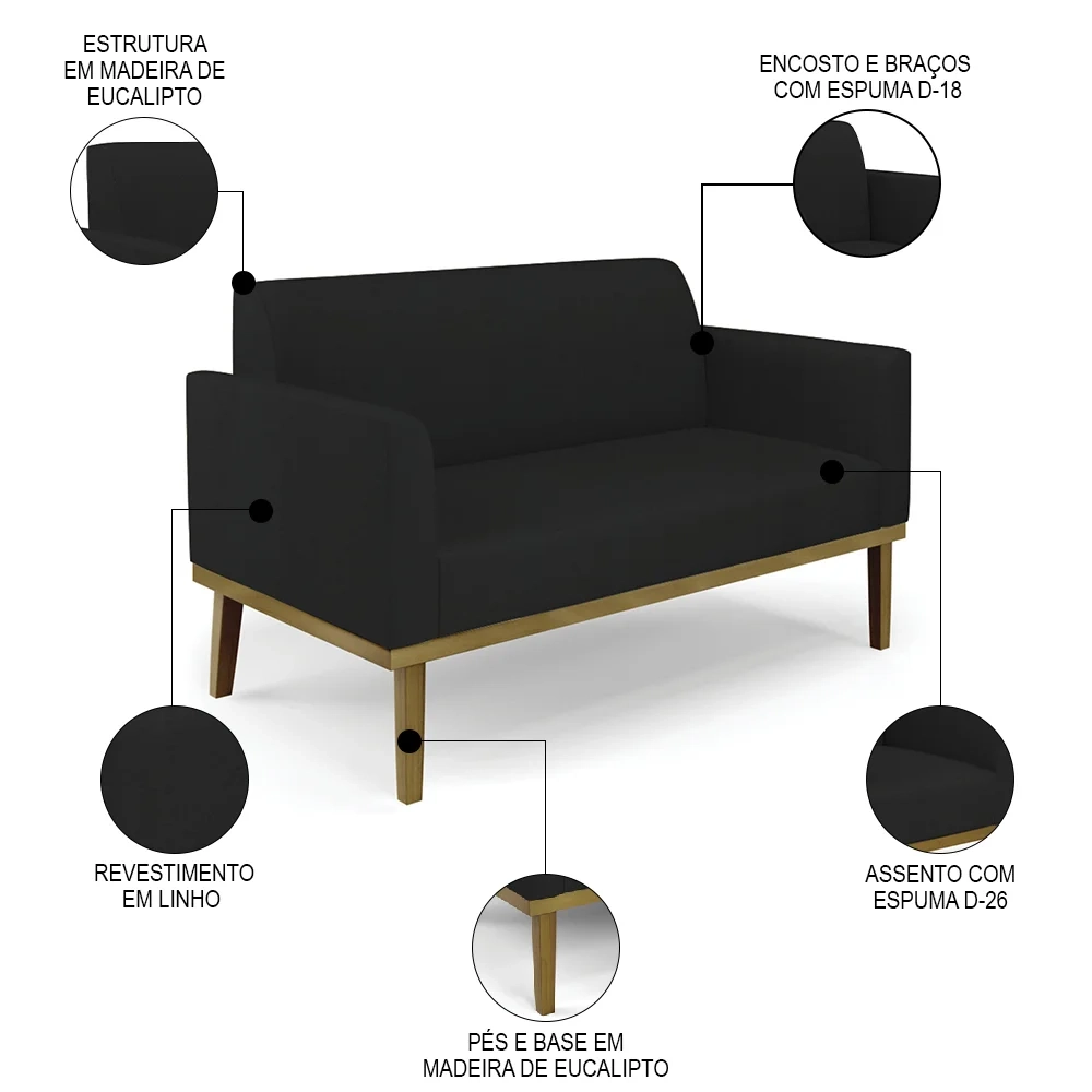 Sofá Namoradeira Base Madeira Castanho Maressa Linho Preto - Ibiza